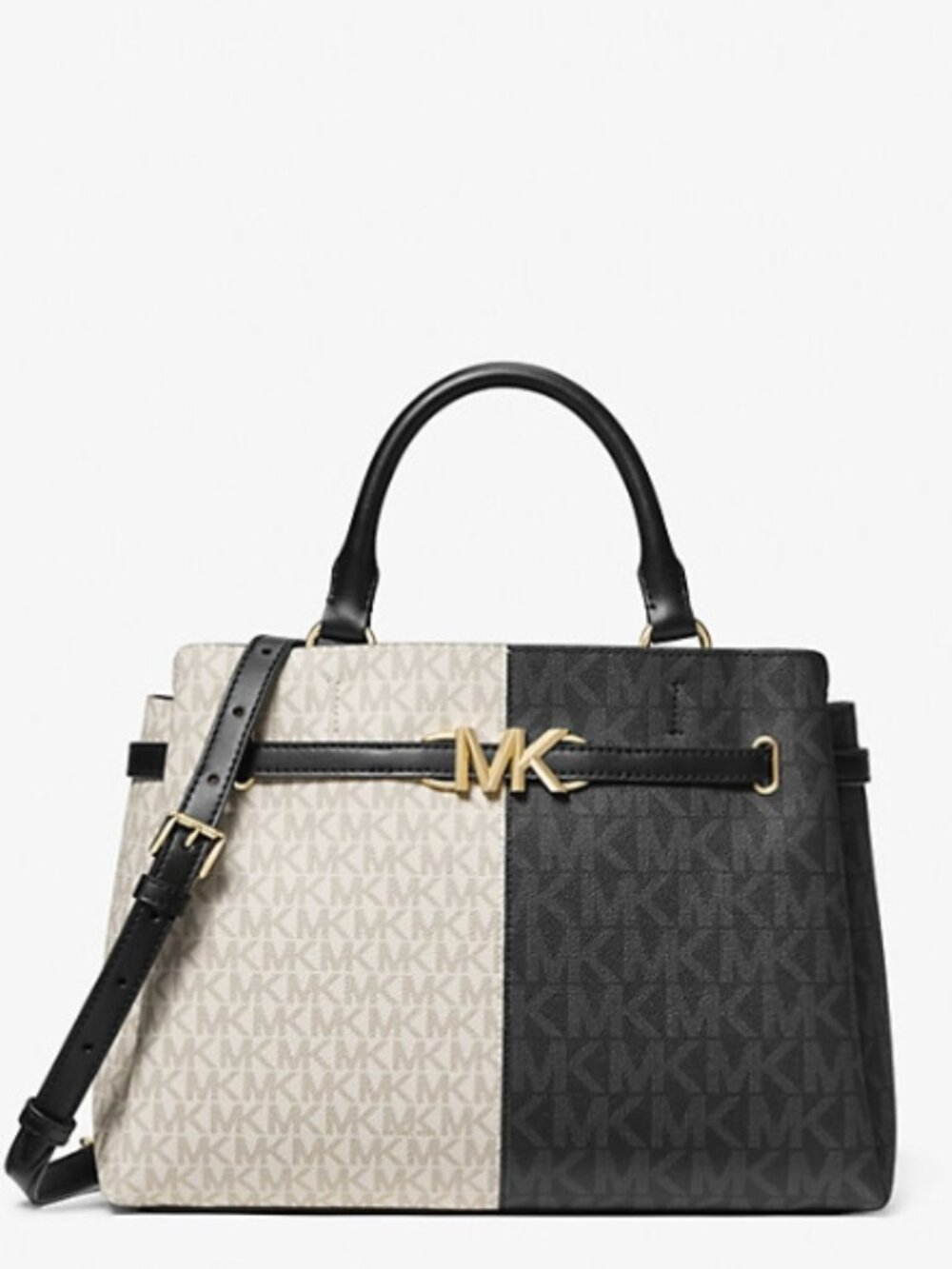 NWOT Michael Kors Reed Large Two-Tone Graphic Logo Belted Satchel